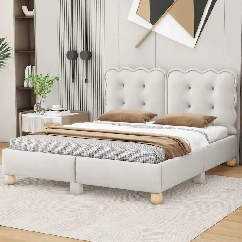 Lit plateforme capitonné beige Queen Size