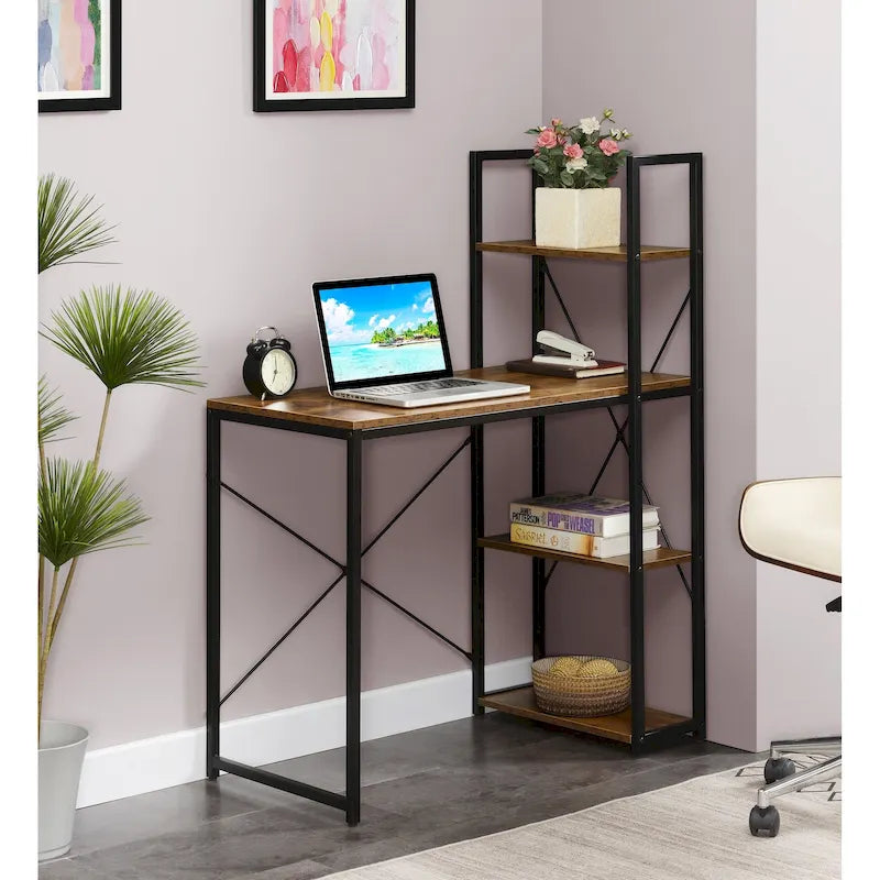 Bureau d'ordinateur avec étagères Chêne clair / Blanc / Bois de grange / Gris anthracite, Poste de travail individuel