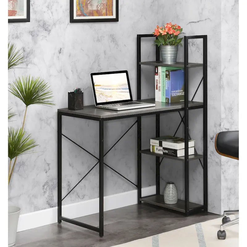 Light Oak / White / Barnwood / Charcoal Grey Office Desk with Shelves, Single-Person Workstation