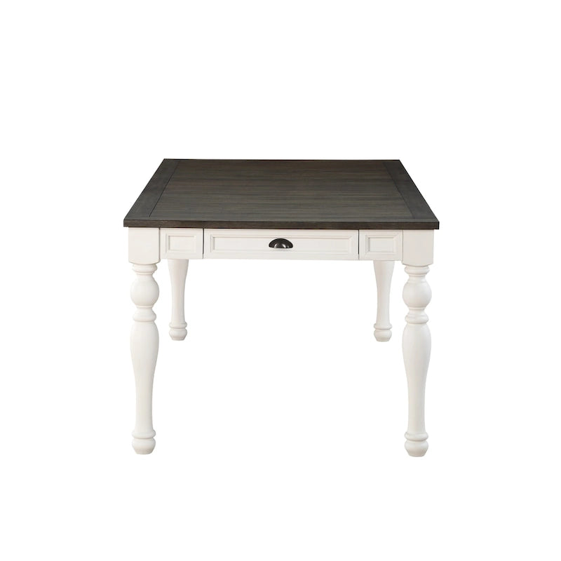 Table de salle à manger style ferme bicolore, blanc doux et chêne foncé, 6 places