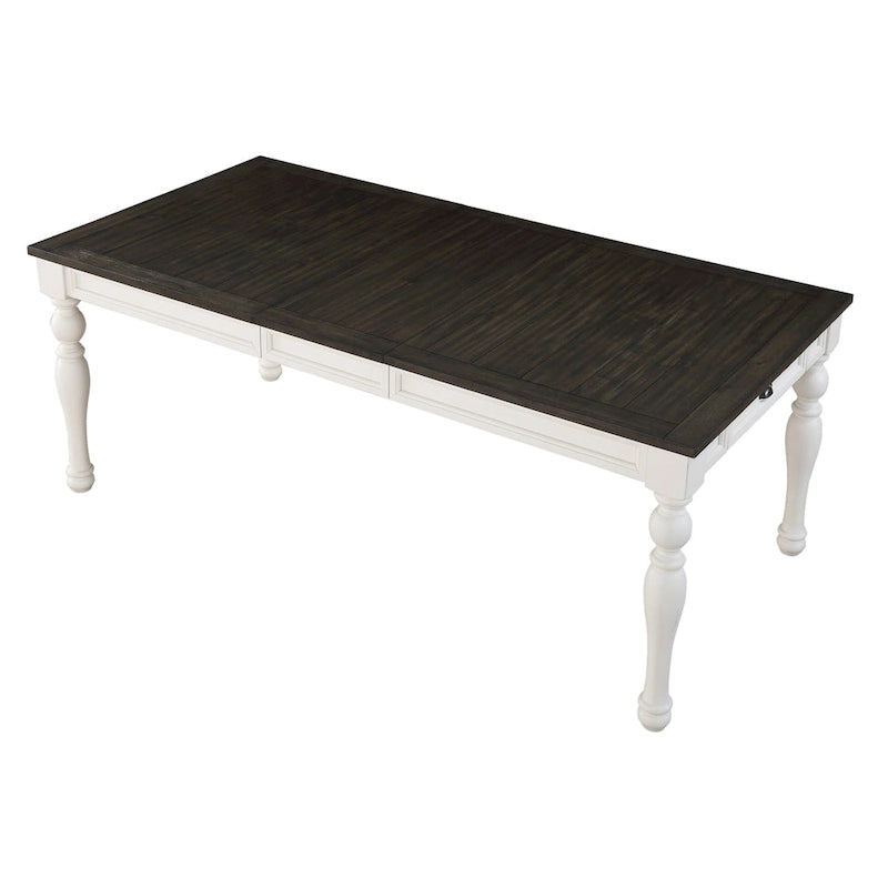 Table de salle à manger style ferme bicolore, blanc doux et chêne foncé, 6 places