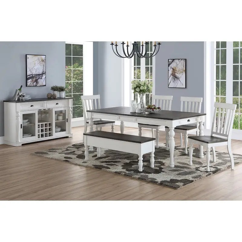 Table de salle à manger style ferme bicolore, blanc doux et chêne foncé, 6 places
