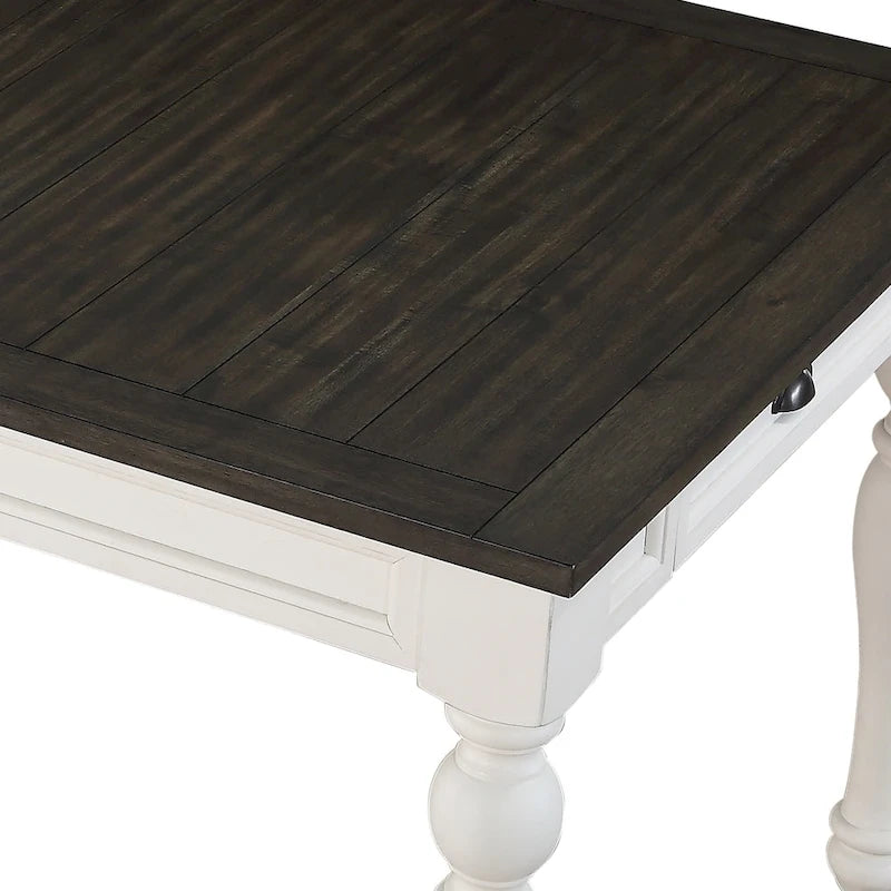 Table de salle à manger style ferme bicolore, blanc doux et chêne foncé, 6 places