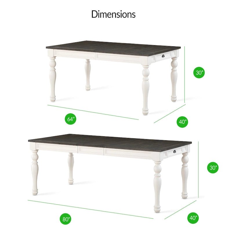 Table de salle à manger style ferme bicolore, blanc doux et chêne foncé, 6 places