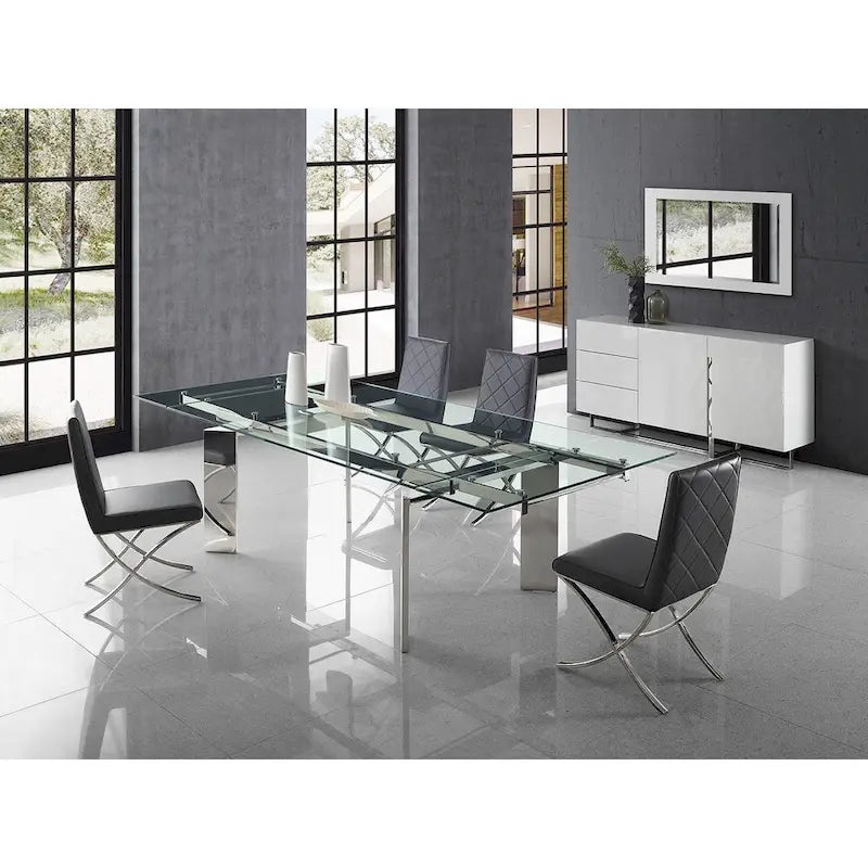 Table à manger extensible en verre transparent et chrome argenté – Jusqu'à 8 places