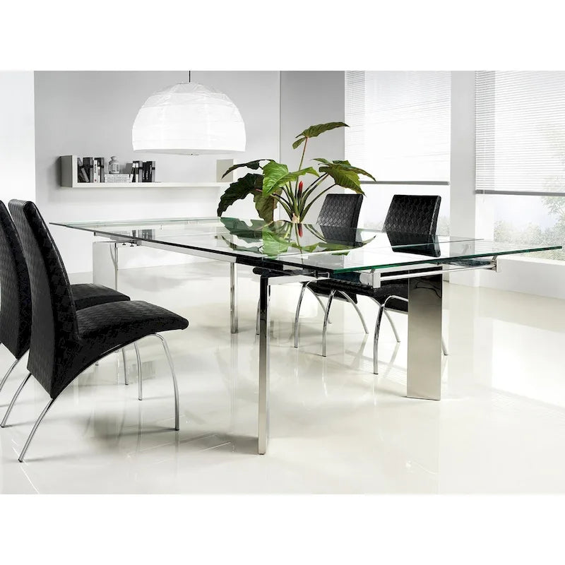 Table à manger extensible en verre transparent et chrome argenté – Jusqu'à 8 places