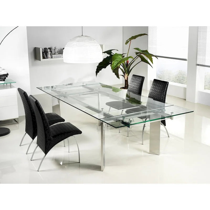 Table à manger extensible en verre transparent et chrome argenté – Jusqu'à 8 places