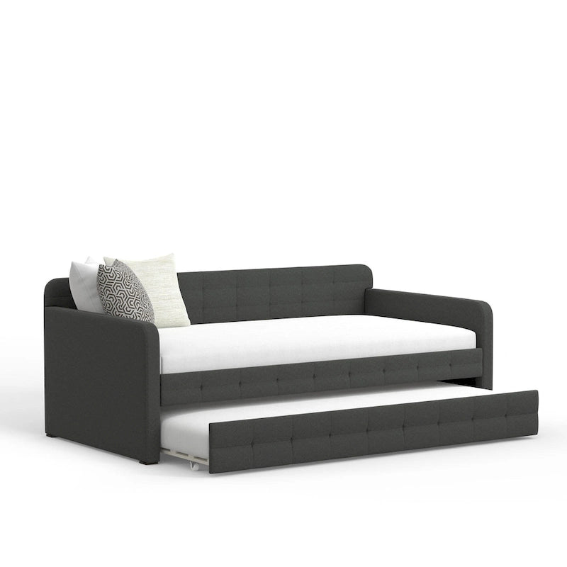 Canapé-lit capitonné beige / pierre / gris avec lit gigogne – 2 places
