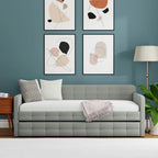 Canapé-lit capitonné beige / pierre / gris avec lit gigogne – 2 places