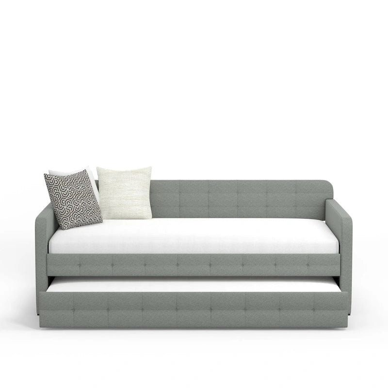 Canapé-lit capitonné beige / pierre / gris avec lit gigogne – 2 places