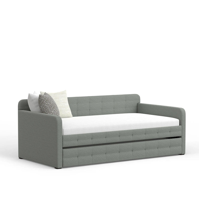 Canapé-lit capitonné beige / pierre / gris avec lit gigogne – 2 places