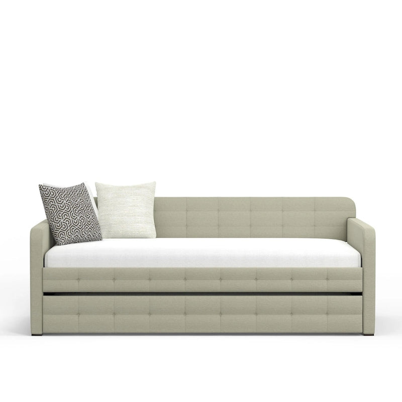 Canapé-lit capitonné beige / pierre / gris avec lit gigogne – 2 places