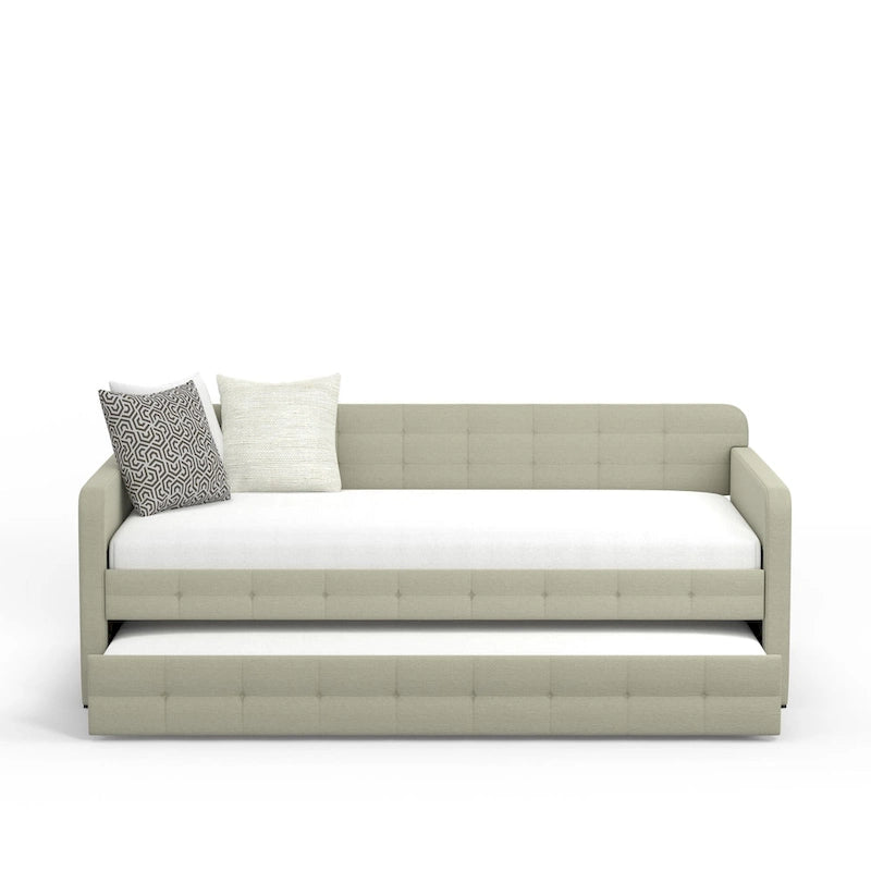 Canapé-lit capitonné beige / pierre / gris avec lit gigogne – 2 places
