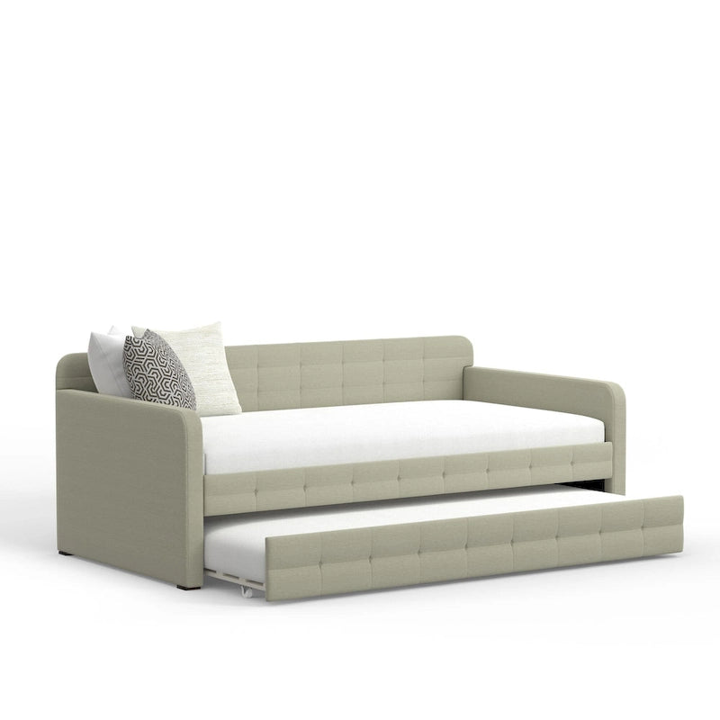 Canapé-lit capitonné beige / pierre / gris avec lit gigogne – 2 places