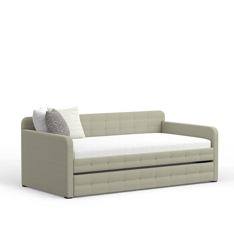 Canapé-lit capitonné beige / pierre / gris avec lit gigogne – 2 places