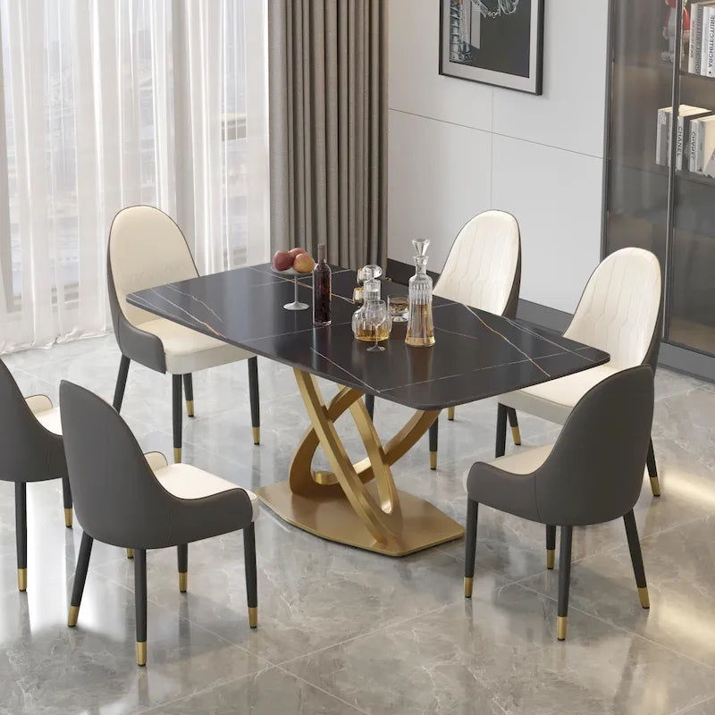 Table à manger rectangulaire en pierre frittée de 180 cm avec base dorée, 6-8 places