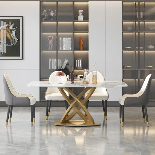Table à manger rectangulaire en pierre frittée de 180 cm avec base dorée, 6-8 places