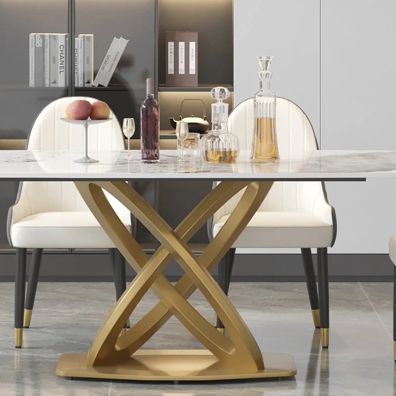 Table à manger rectangulaire en pierre frittée de 180 cm avec base dorée, 6-8 places