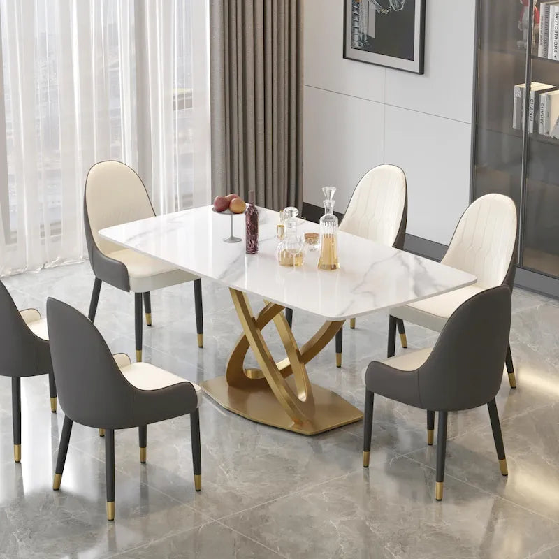 Table à manger rectangulaire en pierre frittée de 180 cm avec base dorée, 6-8 places