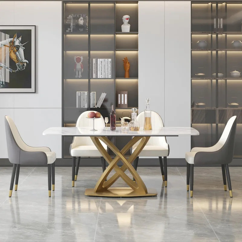 Table à manger rectangulaire en pierre frittée de 180 cm avec base dorée, 6-8 places