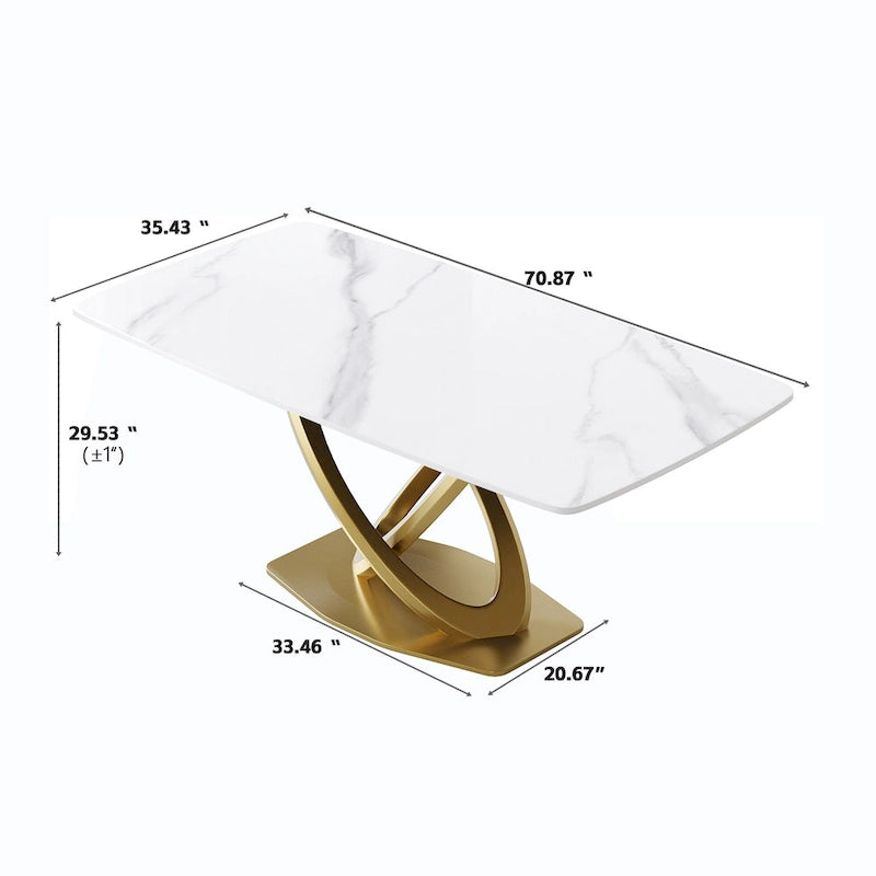 Table à manger rectangulaire en pierre frittée de 180 cm avec base dorée, 6-8 places