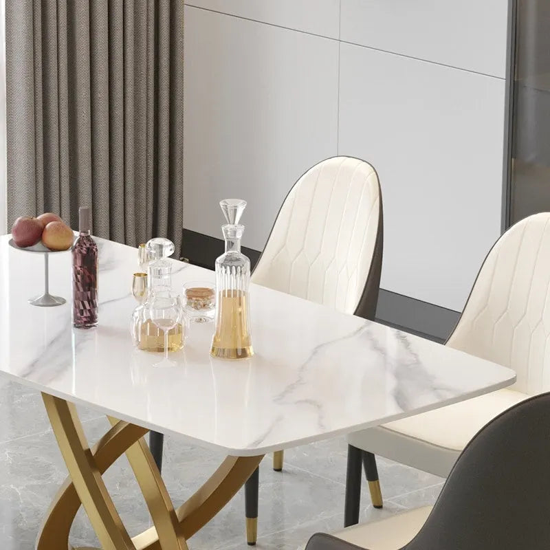 Table à manger rectangulaire en pierre frittée de 180 cm avec base dorée, 6-8 places