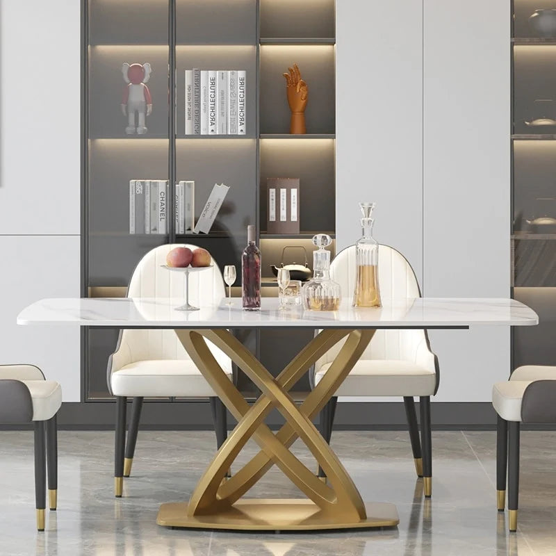 Table à manger rectangulaire en pierre frittée de 180 cm avec base dorée, 6-8 places