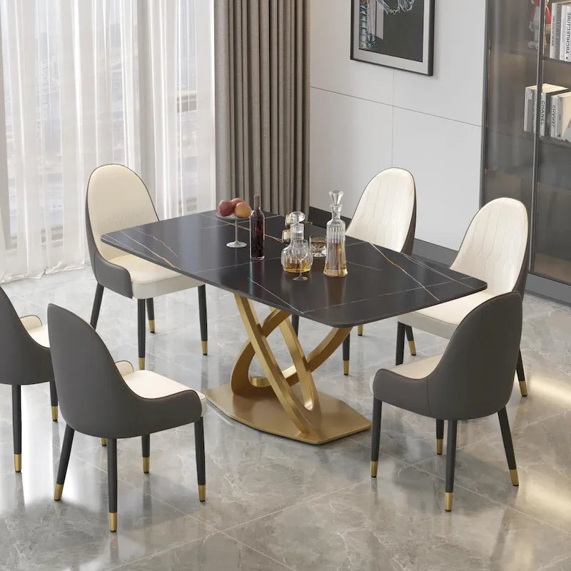 Table à manger rectangulaire en pierre frittée de 180 cm avec base dorée, 6-8 places
