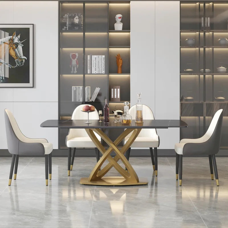 Table à manger rectangulaire en pierre frittée de 180 cm avec base dorée, 6-8 places