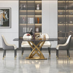 Table à manger rectangulaire en pierre frittée de 180 cm avec base dorée, 6-8 places