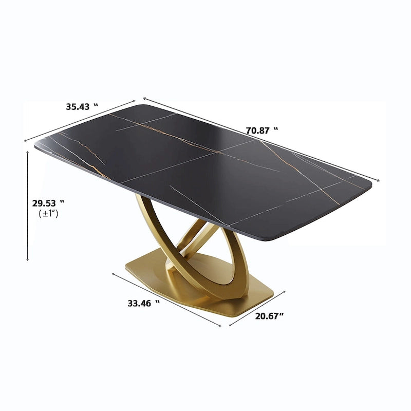 Table à manger rectangulaire en pierre frittée de 180 cm avec base dorée, 6-8 places
