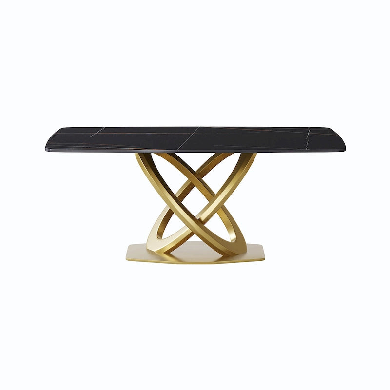 Table à manger rectangulaire en pierre frittée de 180 cm avec base dorée, 6-8 places
