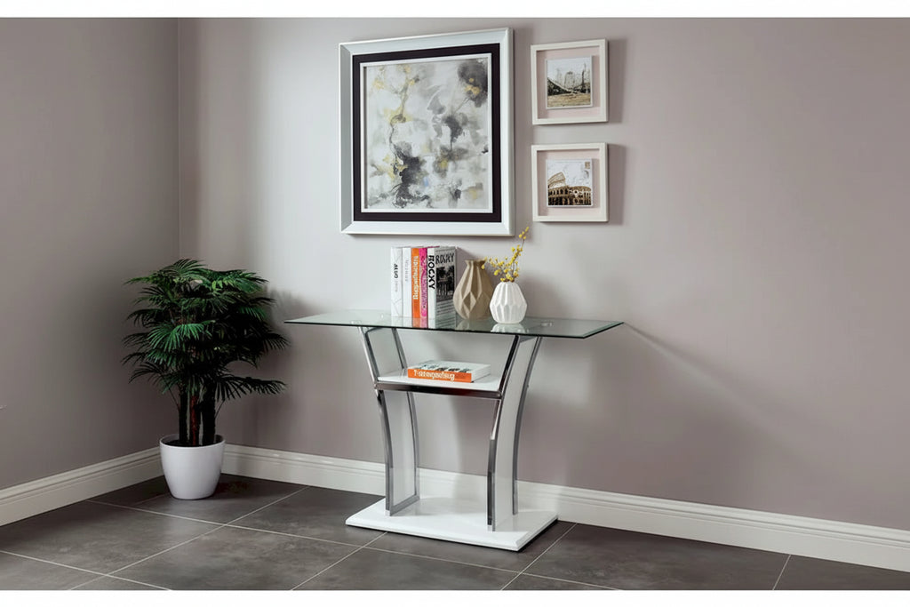 Table d'appoint moderne blanche/noire pour 1 personne – Plateau en verre trempé, pieds en métal chromé