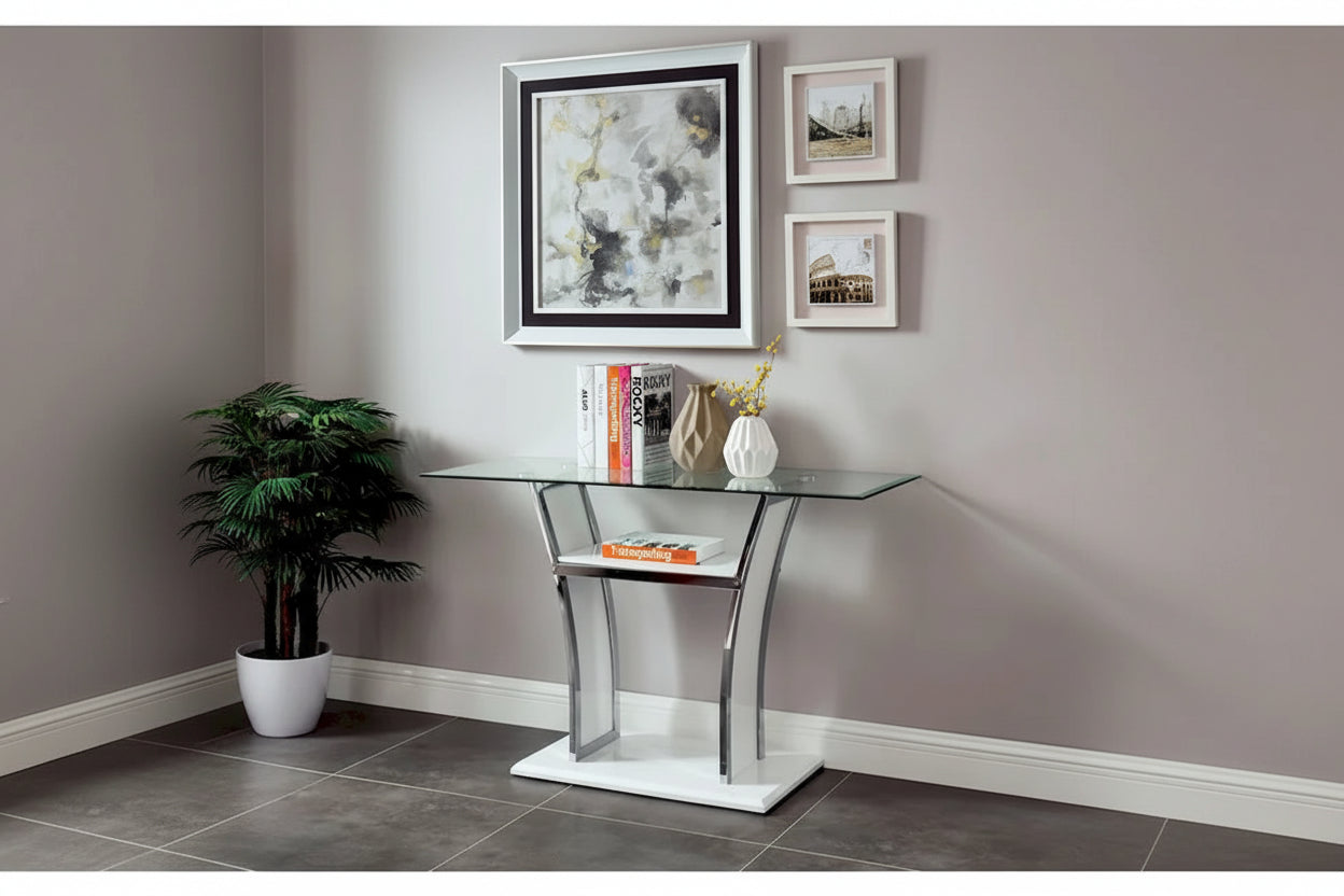 White / Black Modern Sofa Table for 1 – Tempered Glass Top, Chrome Metal Legs