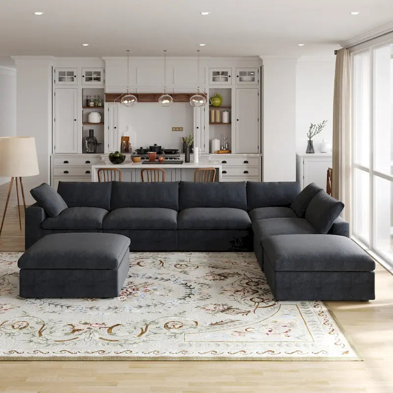 Grey / Black / White, U-Shape Modular Sectional Sofa with Ottoman, Seats 6