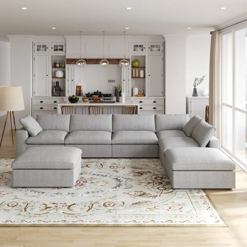 Grey / Black / White, U-Shape Modular Sectional Sofa with Ottoman, Seats 6
