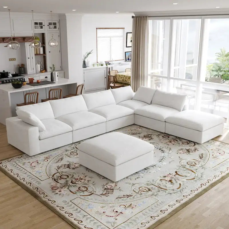 Grey / Black / White, U-Shape Modular Sectional Sofa with Ottoman, Seats 6