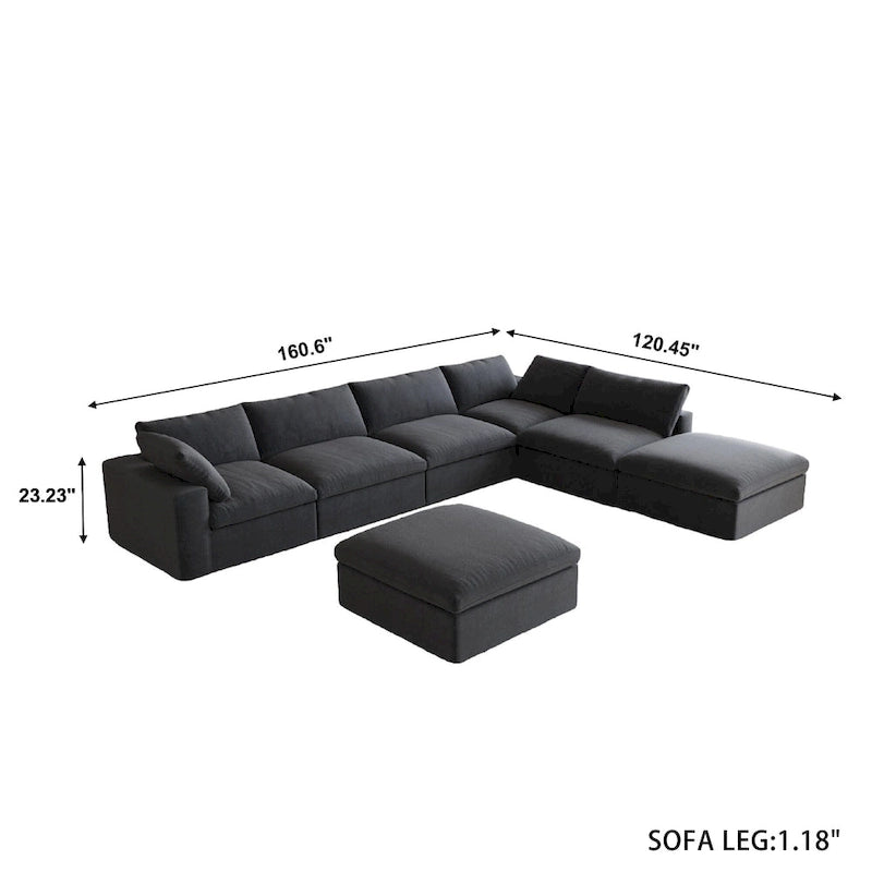 Grey / Black / White, U-Shape Modular Sectional Sofa with Ottoman, Seats 6