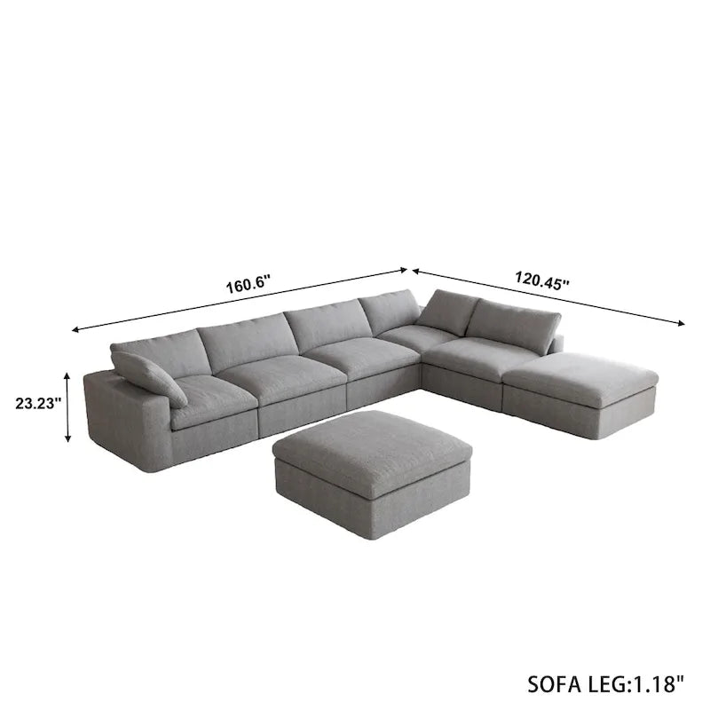 Grey / Black / White, U-Shape Modular Sectional Sofa with Ottoman, Seats 6