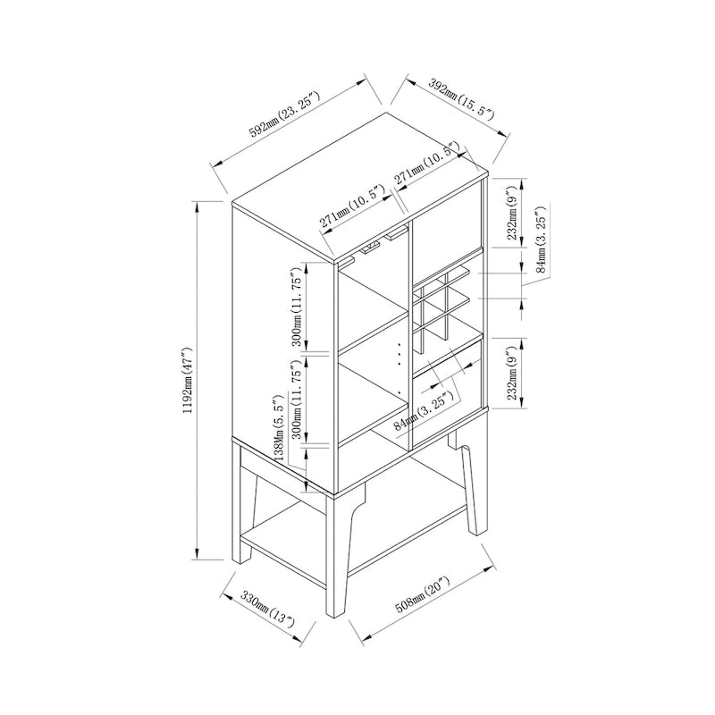 White Oak / Cappuccino Contemporary Open-Shelf Buffet with Wine Rack, 1-Person Assembly