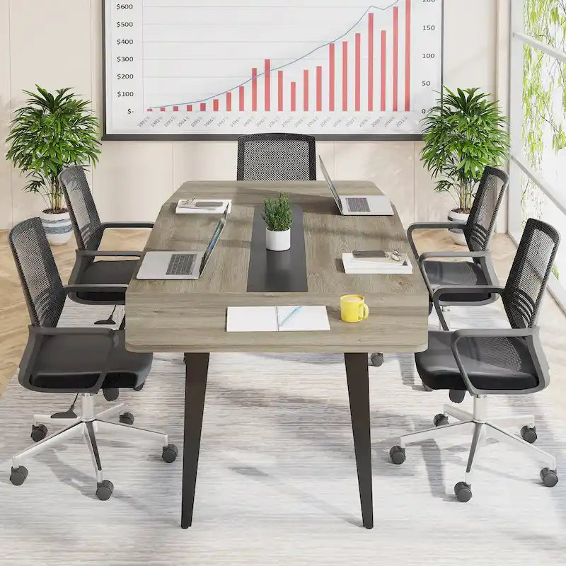 Table de conférence en forme de bateau de 1,80 m, grain de bois clair / gris / blanc, 6 à 8 places