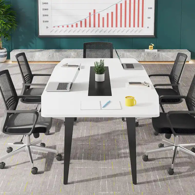Table de conférence en forme de bateau de 1,80 m, grain de bois clair / gris / blanc, 6 à 8 places