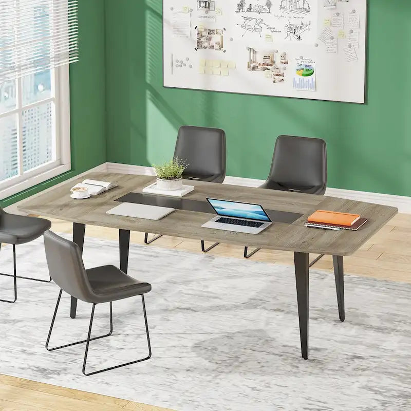 6FT Boat-Shaped Conference Table, Light Wood Grain / Grey / White, Seats 6–8