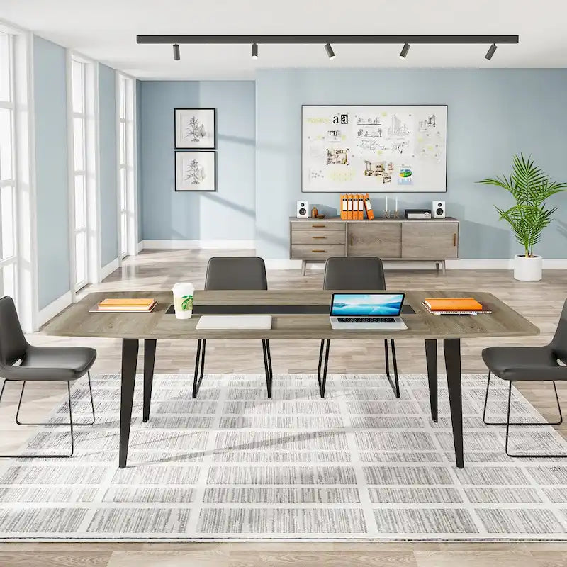 6FT Boat-Shaped Conference Table, Light Wood Grain / Grey / White, Seats 6–8