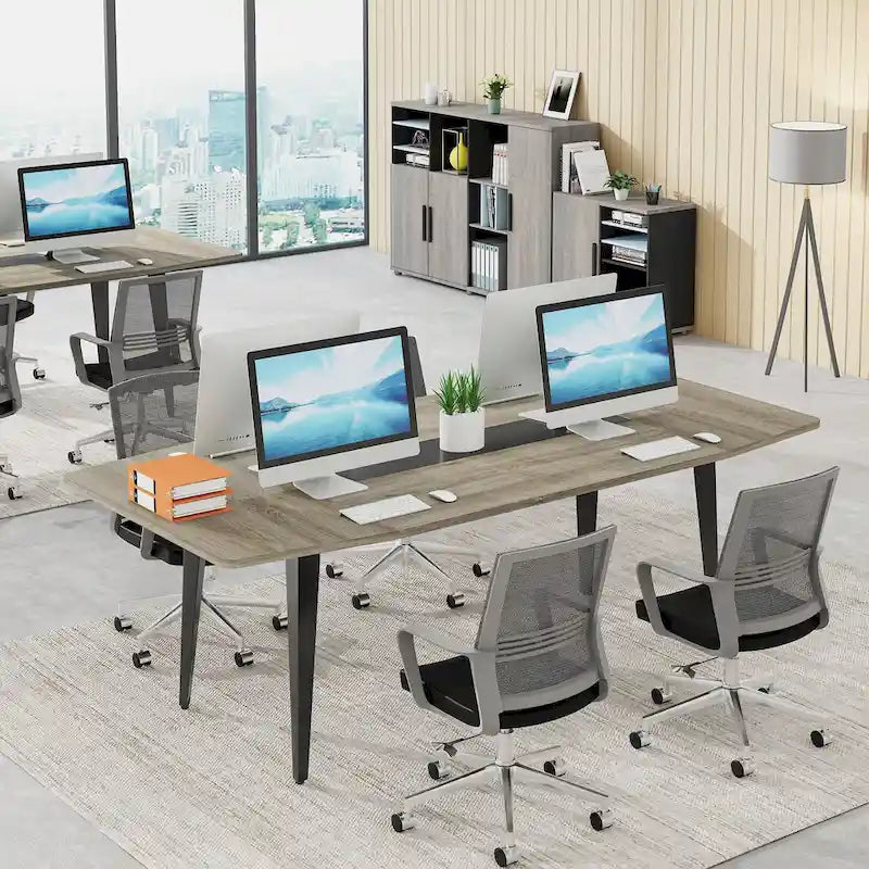 6FT Boat-Shaped Conference Table, Light Wood Grain / Grey / White, Seats 6–8