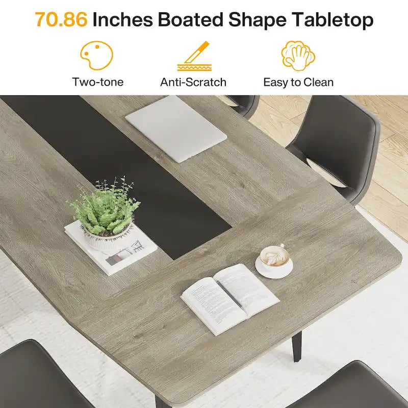 6FT Boat-Shaped Conference Table, Light Wood Grain / Grey / White, Seats 6–8