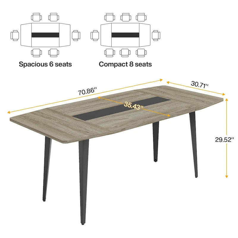 6FT Boat-Shaped Conference Table, Light Wood Grain / Grey / White, Seats 6–8