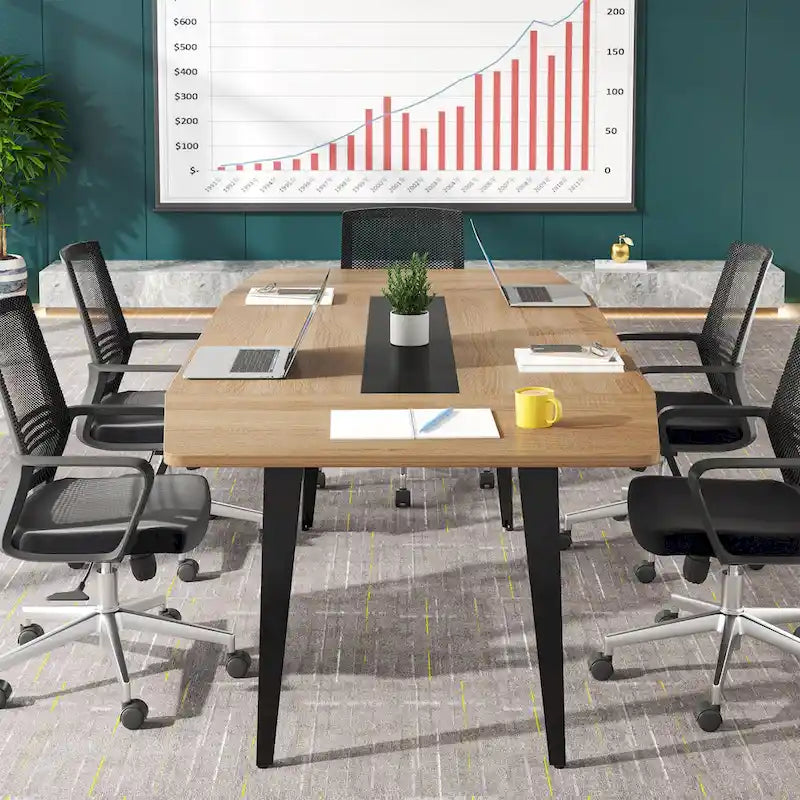 6FT Boat-Shaped Conference Table, Light Wood Grain / Grey / White, Seats 6–8
