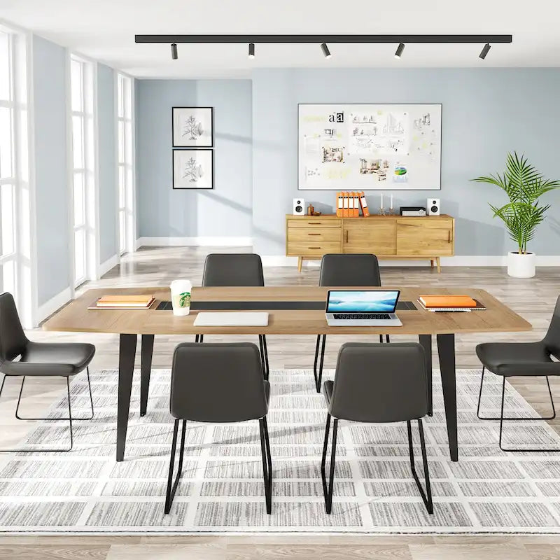 6FT Boat-Shaped Conference Table, Light Wood Grain / Grey / White, Seats 6–8