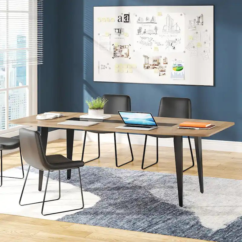 6FT Boat-Shaped Conference Table, Light Wood Grain / Grey / White, Seats 6–8